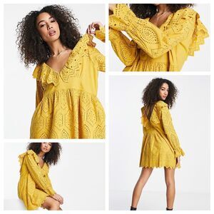 NWOT TopShop Womens Yellow Broderie Anglaise Ruffle Neck Frill Mini Dress Size 4